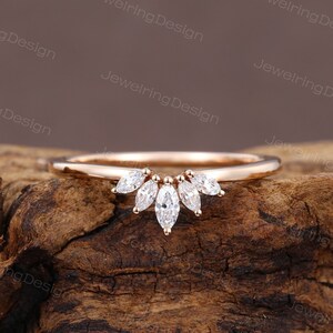 Curved wedding band rose gold Marquise cut Diamond wedding band simple Vintage Unique Moissanite Matching Stacking Bridal Anniversary ring