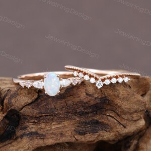 Unique Oval cut opal engagement ring set art deco rose gold Pear shaped Moissanite ring set Milgrain diamond bridal ring set Promise ring