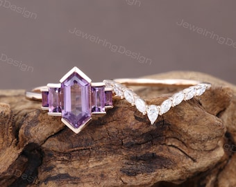 Hexagon Amethyst Engagement Ring Set Rose Gold Marquise Moissanite wedding band Bezel set ring Bridal diamond ring Promise Anniversary ring