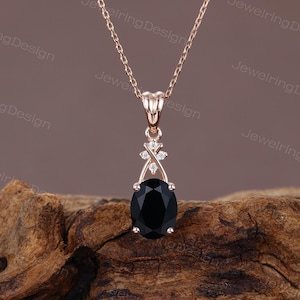 Oval cut Black onyx Pendant necklace Dainty 14k rose gold Moissanite necklace Delicate Cluster Diamond necklace Anniversary pendant