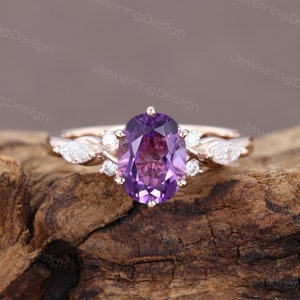 Oval cut Amethyst engagement ring Unique 14K Rose gold Moissanite engagement ring Vintage Marquise cut Diamond wedding ring Anniversary ring