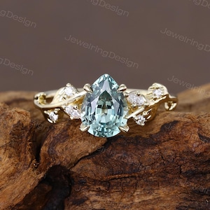 Pear shaped green sapphire engagement ring Unique yellow gold engagement ring Marquise cut diamond Bridal leaf ring Promise Anniversary ring