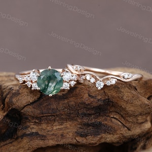 Vintage Moss agate engagement ring set Unique Rose gold Moissanite ring set Art deco diamond ring Bridal wedding Promise Anniversary ring