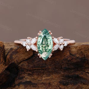 Marquise cut Moss Agate Ring Unique Marquise Cut Engagement Rose Gold Diamond Ring Wedding Bridal Stracking Promise Anniversary women Gift