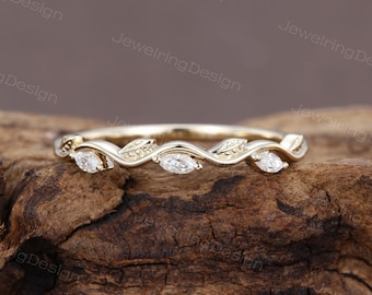 Anillo de bodas de moissanita con corte marquesa. Anillo de bodas único en oro amarillo de 14 k. Anillo de hoja. Anillo de promesa. Anillo nupcial apilable. Anillo de aniversario.
