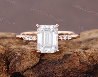 Vintage Emerald cut Moissanite engagement ring Unique rose gold engagement ring Dainty women art deco Bridal ring Promise Anniversary ring
