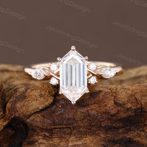 Elongated Hexagon cut Moissanite engagement ring Unique rose gold engagement ring Marquise cut diamond ring Promise Anniversary ring for her