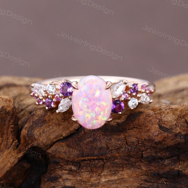 Oval cut Pink Opal engagement ring vintage rose gold engagmenet ring Art deco Amethyst Moissanite ring Pink sapphire Bridal Promise ring