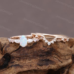 Oval cut opal engagement ring set art deco 14k rose gold Pear shaped Moissanite ring set Milgrain diamond bridal ring set Promise ring