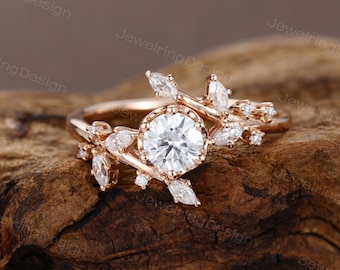 Moissanite engagement ring vintage rose gold Art deco Twig Unique Cluster diamond Floral engagement ring Bridal Anniversary gift for her