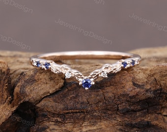 Unique sapphire Curved wedding band vintage rose gold wedding band women Chevron band Stacking Matching band Promise ring Anniversary ring