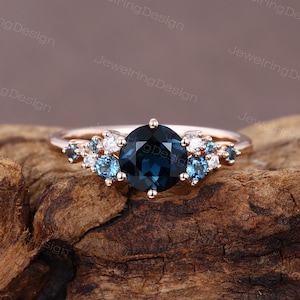 Vintage London blue topaz engagement ring Rose gold art deco Unique Dainty Moissanite wedding ring women Cluster Promise Anniversary ring