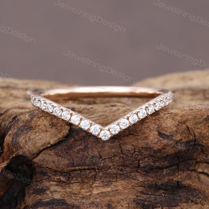 Curved wedding band vintage rose gold wedding band women Unique V shaped Moissanite ring Bridal Stacking ring Matching band Promise ring