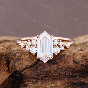 Elongated Hexagon cut Moissanite engagement ring Unique rose gold engagement ring cluster ring Bridal diamond ring Promise Anniversary ring
