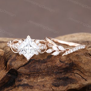 Princess cut Moissanite engagement ring set Unique Rose gold Marquise cut wedding ring Diamond Bridal set Stacking Promise Anniversary ring