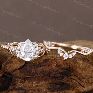 Pear shaped Moissanite engagement ring set Unique Rose gold Marquise cut wedding ring Dainty women Bridal ring set Promise Anniversary ring