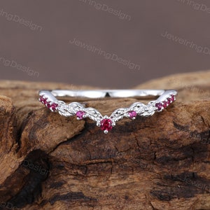 Unique Ruby Curved wedding band vintage white gold wedding band women Chevron band Stacking Matching band Promise ring Anniversary ring