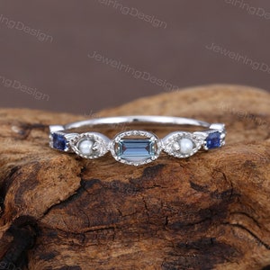 Baguette Alexandrite Wedding band Unique white gold Sapphire wedding band Pearl ring Topaz wedding band Matching Promise Anniversary ring