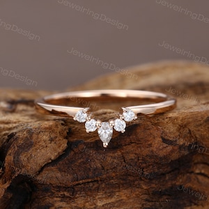 Dainty Tear drop Moissanite wedding band Rose gold band Curved Chevron band Moissanite Diamond ring Matching band Unique anniversary ring