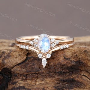 Oval shaped moonstone engagement ring set art deco  14k rose gold Unique Curved Marquise diamond bridal wedding ring set for women
