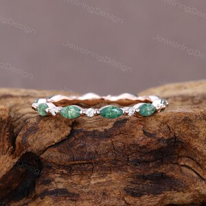 Marquise Moss agate wedding band rose gold Moissanite wedding band women Full Eternity matching Stacking ring Bridal Promise ring for her