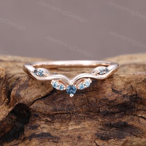 Rose gold London Blue Topaz wedding band Unique  Curved wedding band Art deco Matching Stacking band Vintage Promise band gift for women