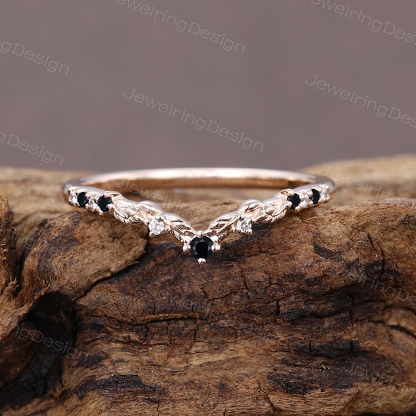 Unique Black Onyx Curved wedding band vintage rose gold wedding band women Chevron band Stacking Matching band Promise Anniversary ring