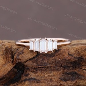 Baguette moissanite engagement ring Vintage rose gold engagement ring Art deco ring Antique Bridal Promise Anniversary ring for women