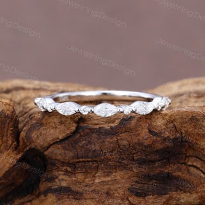 Marquise cut Moissanite wedding band women Unique White gold Half Eternity wedding band vintage matching band Stacking ring Anniversary ring