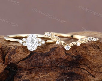 Conjunto de anillo de compromiso de moissanita ovalada, conjunto de anillo de moissanita con hojas de oro amarillo único, conjunto de anillo de boda, conjunto de anillo de novia, conjunto de anillo de promesa de aniversario