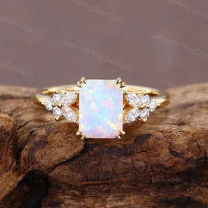 Vintage Emerald cut Opal engagement ring Unique Yellow gold Moissanite ring Marquise cut ring wedding Dainty Bridal Promise Anniversary ring