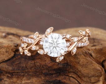 Vintage Leaf Moissanite engagement ring Unique 14k Rose gold engagement ring woman wedding ring Bridal ring Promise Anniversary ring