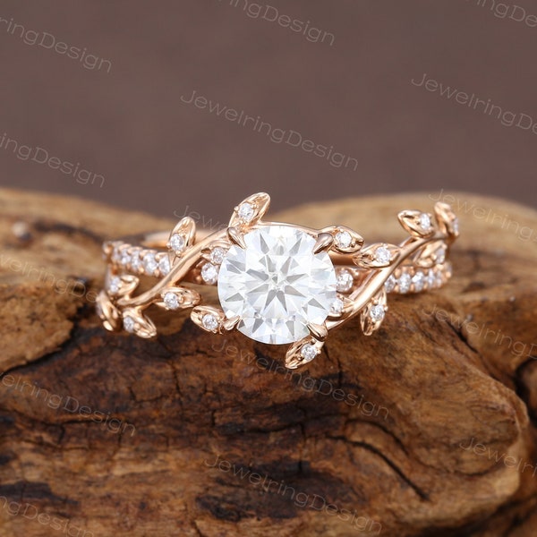 Vintage Leaf Moissanite engagement ring Unique 14k Rose gold engagement ring woman wedding ring Bridal ring Promise Anniversary ring