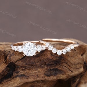 Moissanite engagement ring set Rose gold Diamond cluster ring Unique Curved wedding band Delicate Bridal Stacking Promise Anniversary ring