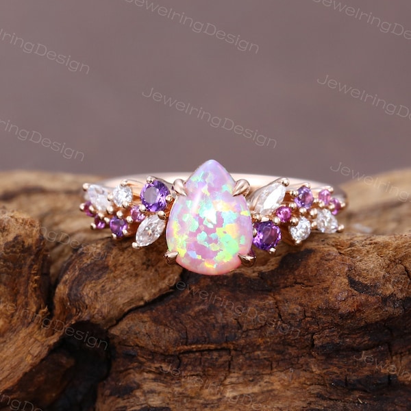 Pear shaped Pink Opal engagement ring vintage rose gold engagmenet ring Art deco Amethyst Moissanite ring Pink sapphire Bridal Promise ring