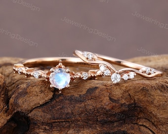 Dainty Moonstone engagement ring set Unique 14k rose gold Moissanite engagement ring set women bridal ring set Promise Anniversary ring