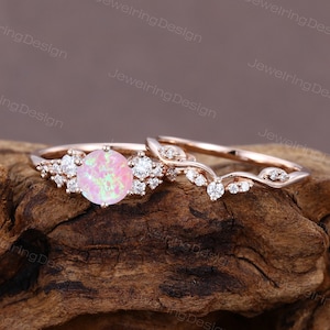 Pink opal engagement ring set art deco 14k rose gold Moissanite ring Unique Curved women Cluster bridal ring set Promise Anniversary ring