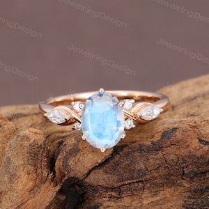 Oval cut Moonstone engagement ring women rose gold Unique Marquise cut Diamond Marriage ring vintage ring wedding Anniversary ring