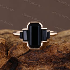 Black onyx engagement ring rose gold Solid Baguette cut Black onyx ring vintage ring wedding ring for women Bridal Promise Anniversary gift