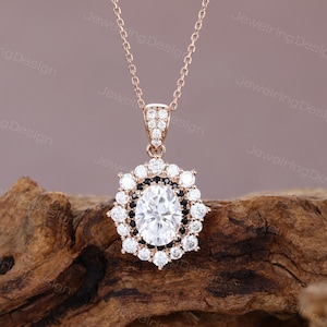 Unique Oval cut Moissanite Pendant necklace rose gold Black Onyx pendant Delicate double Halo necklace Anniversary pendant