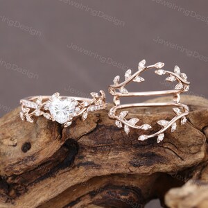 Unique Heart shaped Moissanite engagement ring set Twig ring Rose gold engagement ring woman leaf Bridal ring set promise Anniversary ring