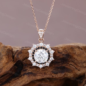 Unique Moissanite Pendant necklace rose gold Black Onyx pendant Delicate double Halo necklace Anniversary pendant