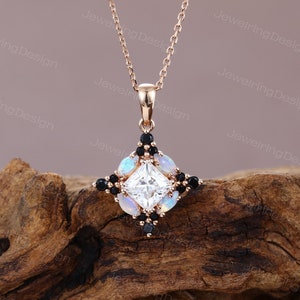 Princess cut Moissanite Pendant necklace Marquise cut Opal rose gold pendant Black onyx necklace Anniversary pendant