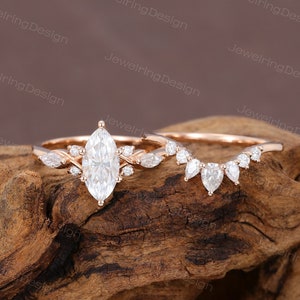 Marquise cut Moissanite engagement ring set Unique 14K rose gold Moissanite ring set Pear shaped wedding band bridal ring set Promise ring