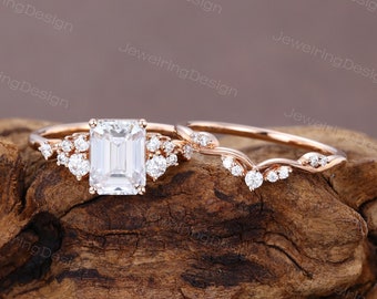 Emerald cut Moissanite engagement ring set Unique Rose gold moissanite ring set women Cluster Bridal ring set Anniversary promise ring