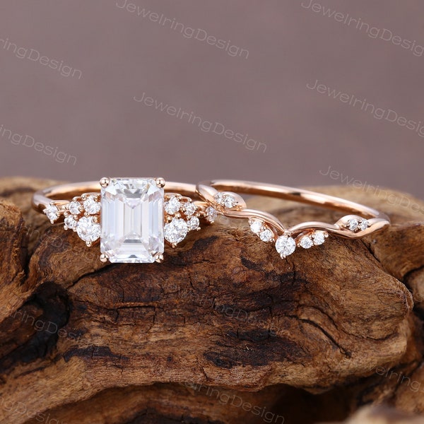 Emerald cut Moissanite engagement ring set Unique Rose gold moissanite ring set women Cluster Bridal ring set Anniversary promise ring