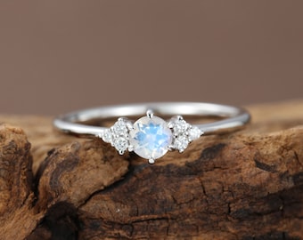 Moonstone engagement ring White gold Diamond cluster engagement ring Unique Simple Thin dainty wedding ring Bridal  Promise Anniversary gift