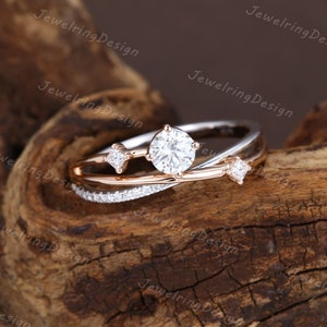 Unique Moissanite engagement ring women white/Rose gold Cluster engagement ring vintage Diamond wedding bridal ring Promise Anniversary ring
