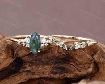 Marquise cut Moss agate engagement ring set vintage Yellow gold Dainty Cluster Moissanite ring Bridal ring set Promise Anniversary ring