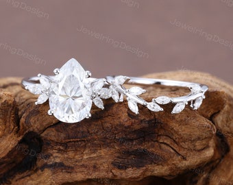 Pear shaped Moissanite engagement ring set White gold moissanite ring set Marquise cut Cluster Bridal ring set Anniversary Promise ring